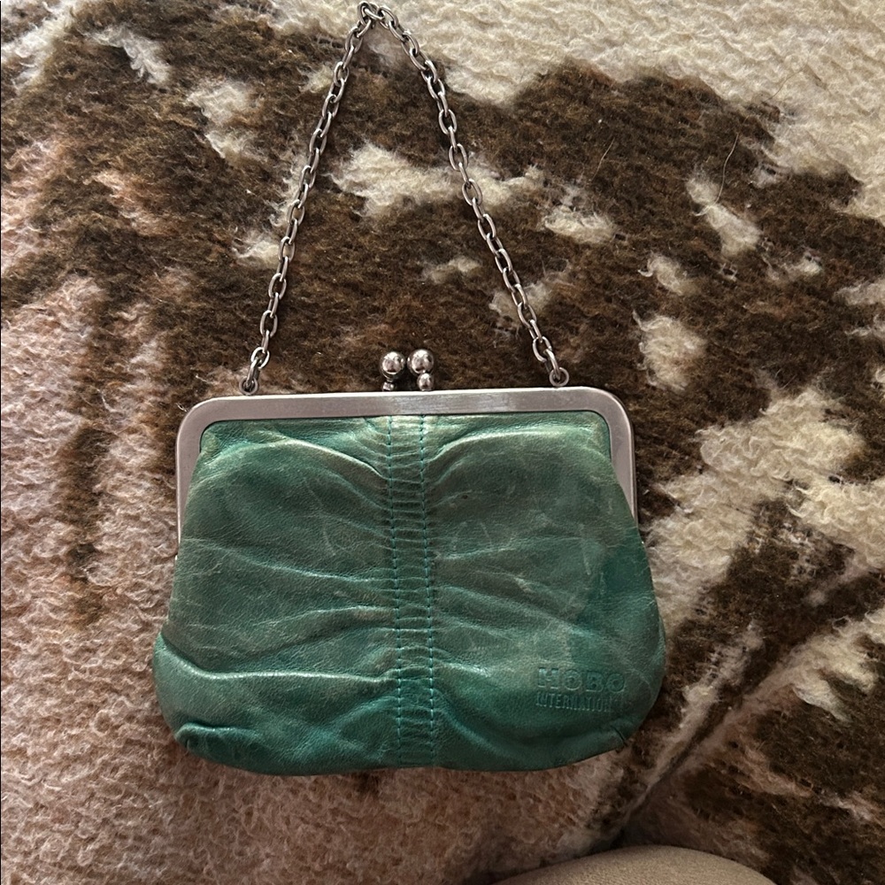 Vintage HOBO leather teal wall change purse with chain